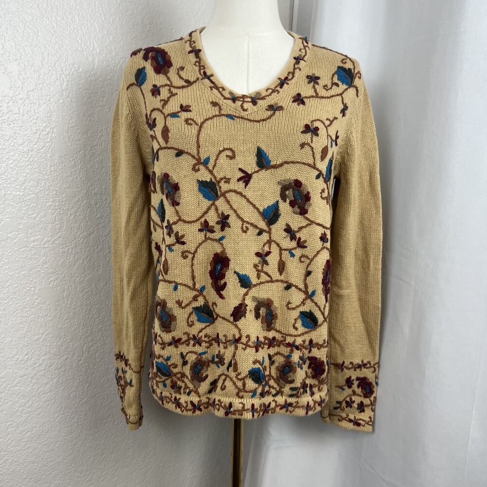 VTG Cottagecore Sweater Womens Small Tan Floral‎ Embroidered Boho Granny Chic